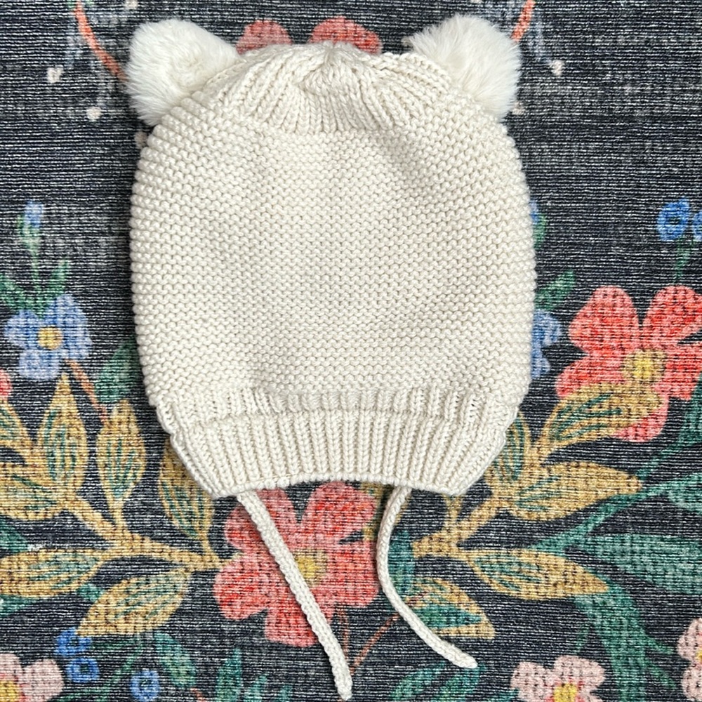 Zara Cream Knit Pompom Hat, Size 3-6 Years